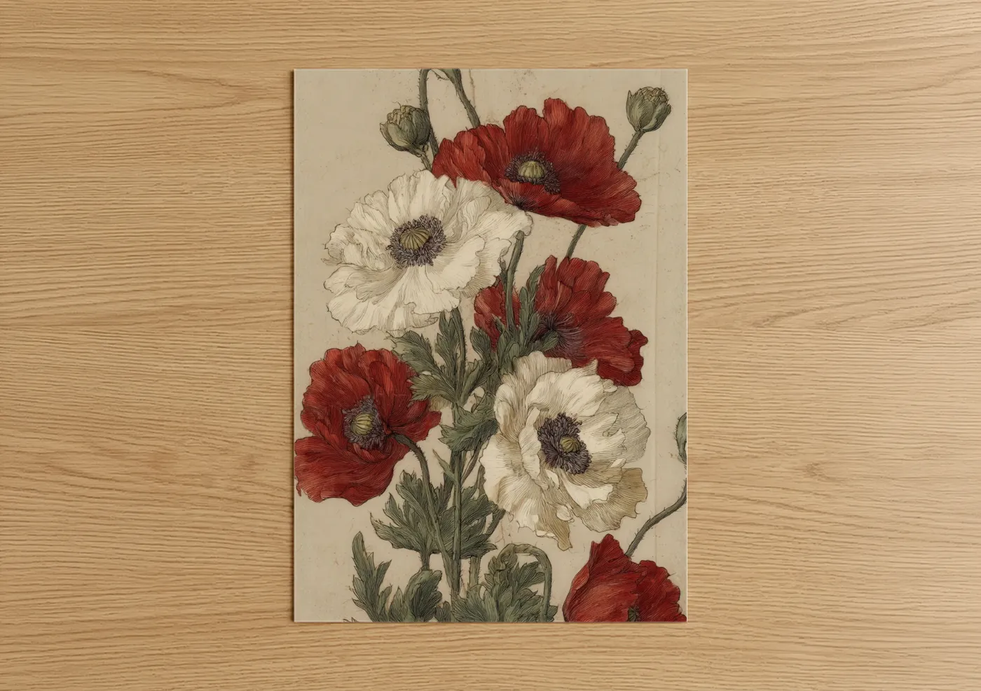 Art print on warm oak wood — red and cream palette — Red and White Poppies poster
