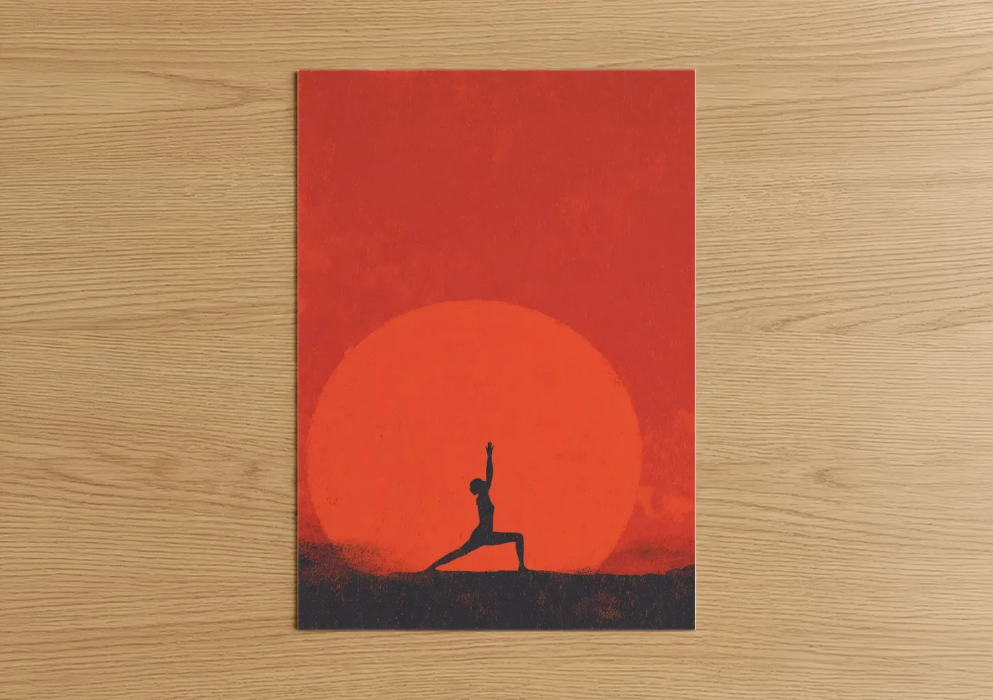 Fitness yoga art print on warm oak wood — red and orange palette — Sunset Yoga Pose poster