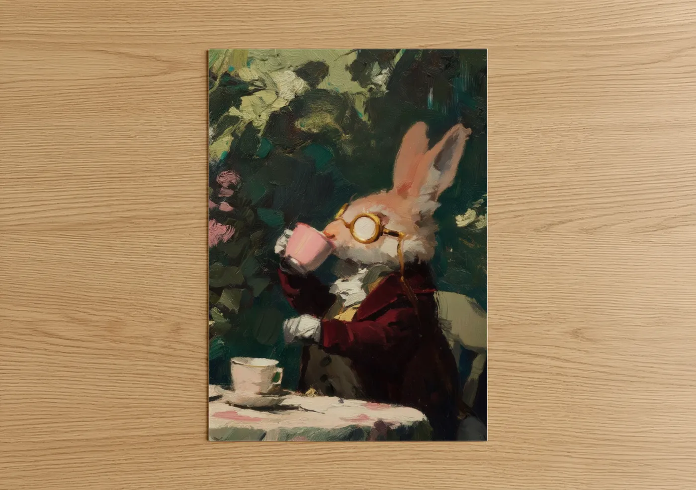Art print on warm oak wood — dark green and peach palette — Scholarly Rabbit poster