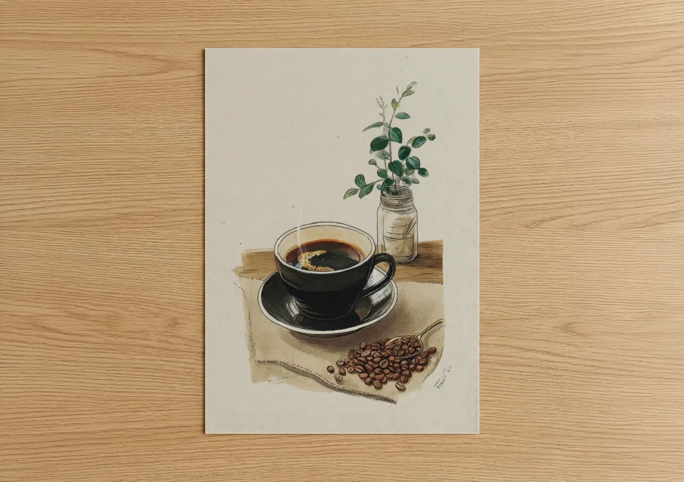 Black Coffee Cup with Beans Botanical Wall Art