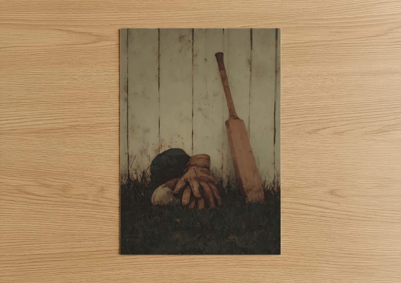 Art print on warm oak wood — brown and black and white palette — Vintage Cricket Gear poster