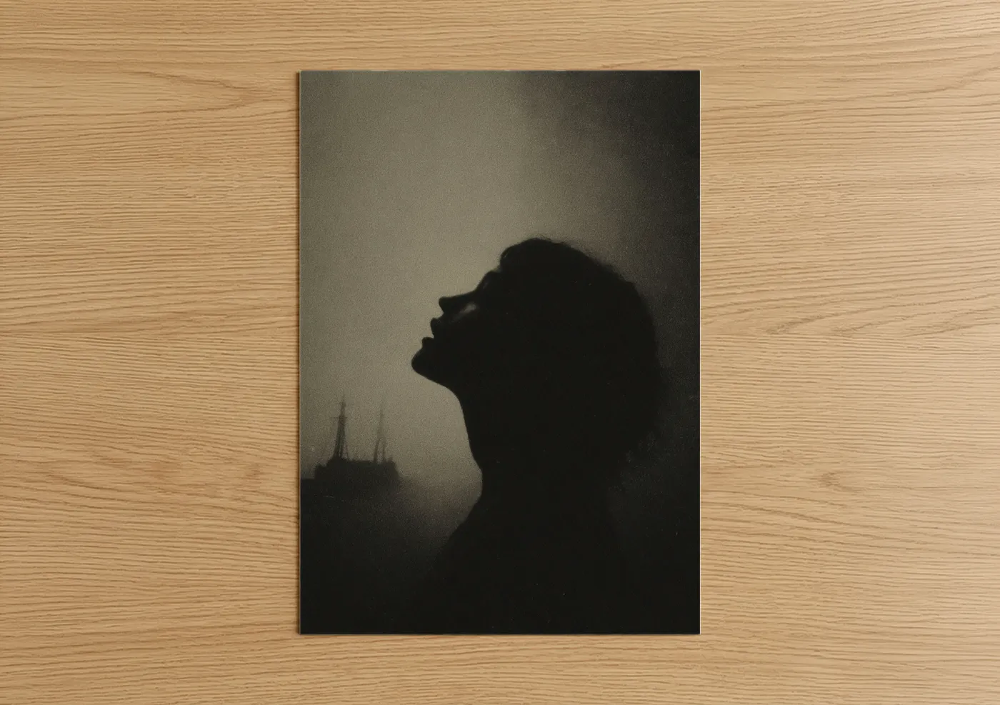Art print on warm oak wood — black and gray palette — Contemplative Siren poster