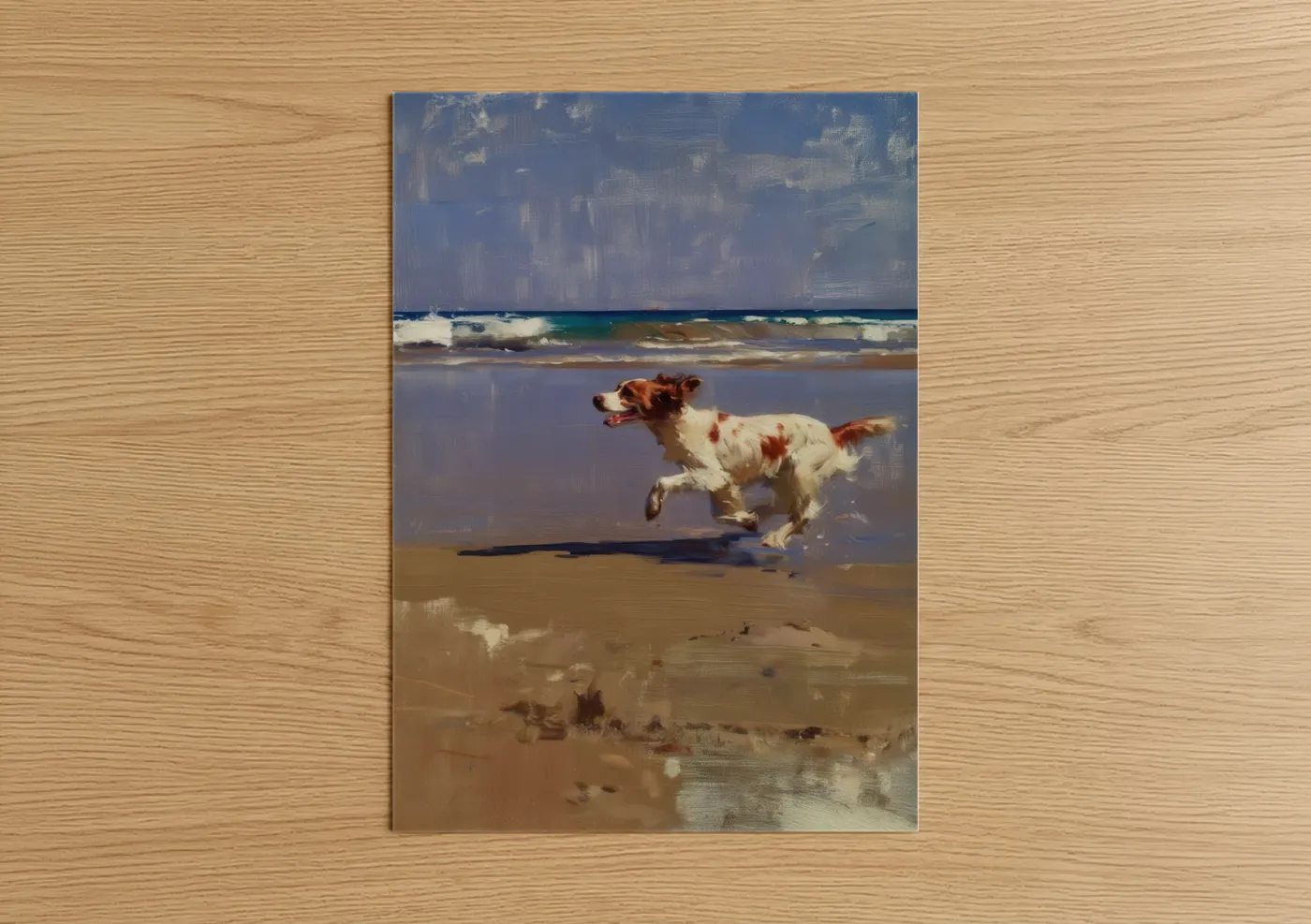 Art print on warm oak wood — blue and gold palette — Beach Spaniel poster