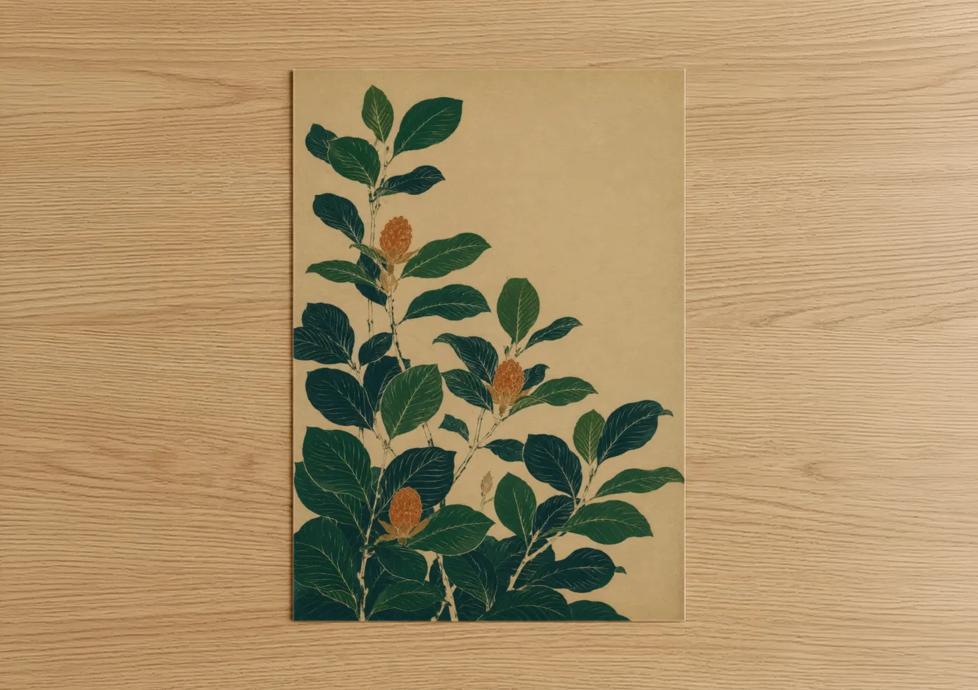 Leaf art print on warm oak wood — beige and true green palette — Japanese Botanical Illustration Wall Art poster