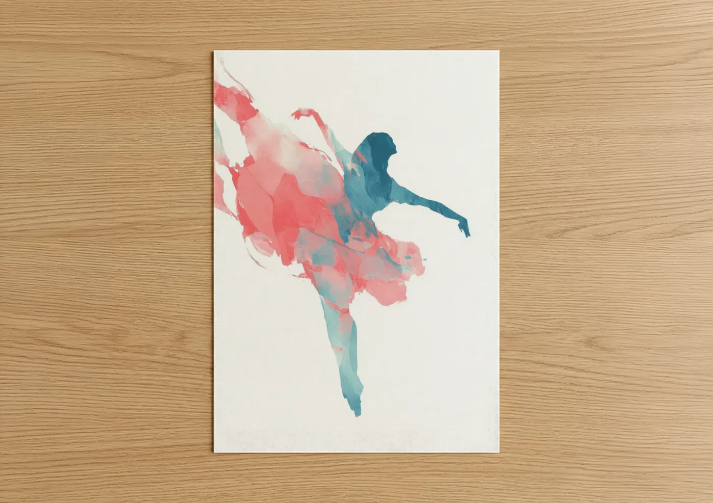 Art print on warm oak wood — salmon pink and teal palette — Graceful Ballet Dancer poster