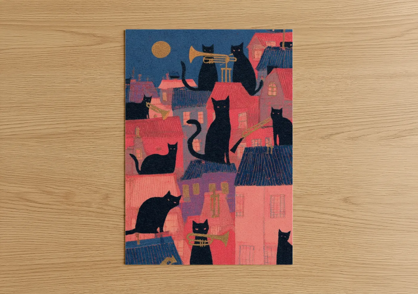 Art print on warm oak wood — rose gold and blue palette — Jazz Cats Night poster