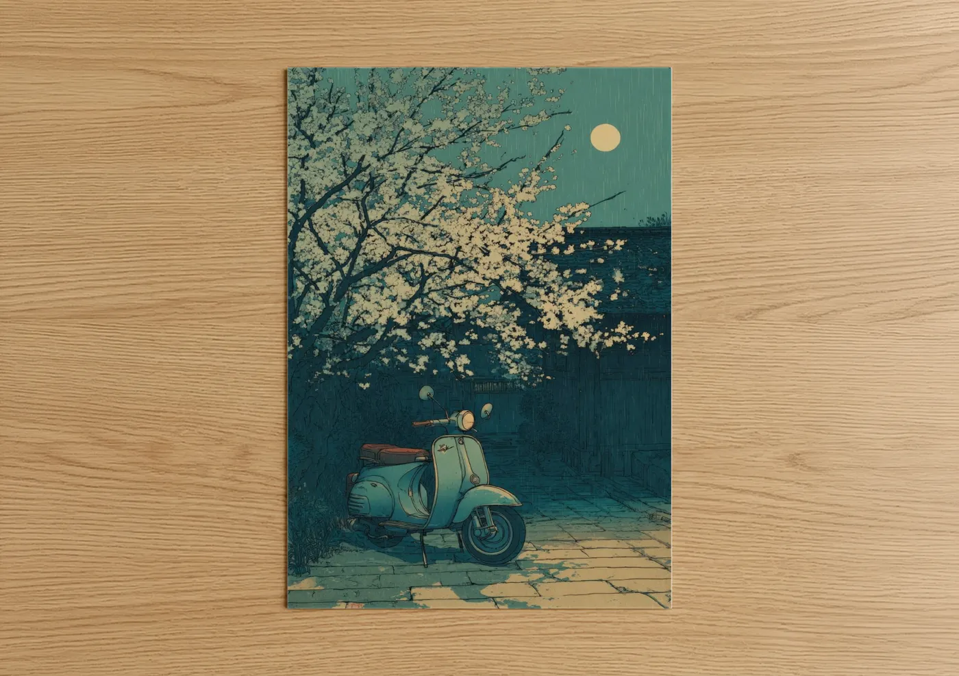 Vintage Scooter Moonlit Night Illustration Wall Art