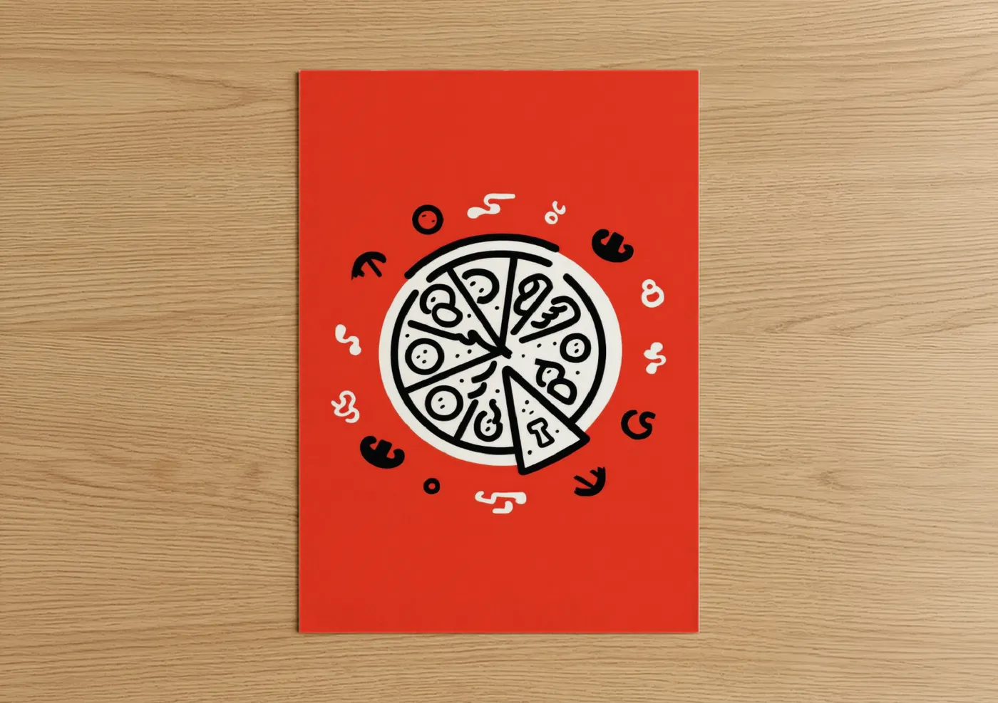 Fast food art print on warm oak wood — red and black and white palette — Bold Pizza Illustration poster