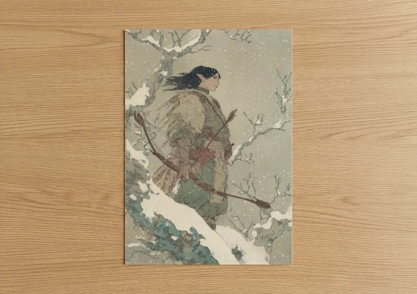 Art print on warm oak wood — beige and sage green palette — Winter Archer Elf poster