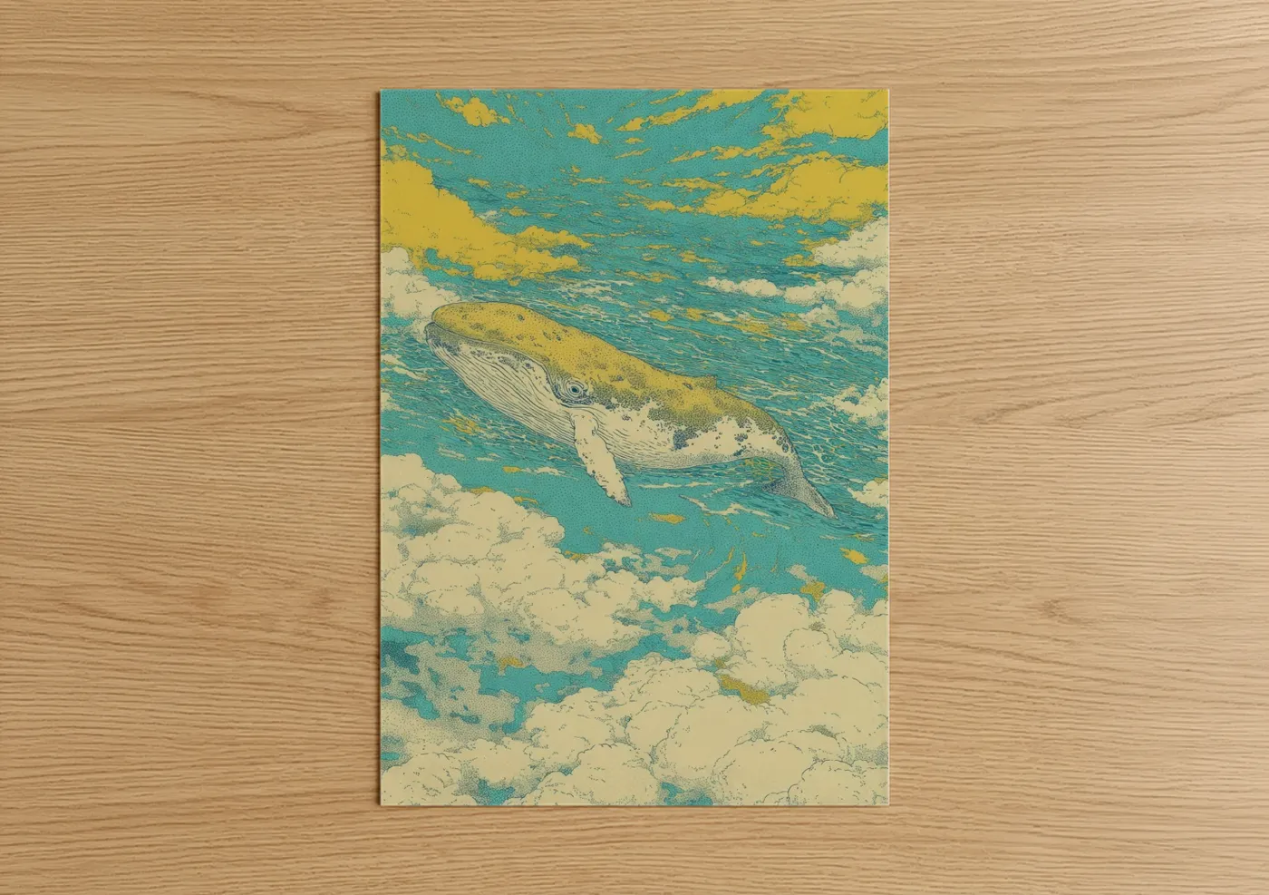 Gray whale art print on warm oak wood — teal and yellow gold palette — Golden Whale Dream poster