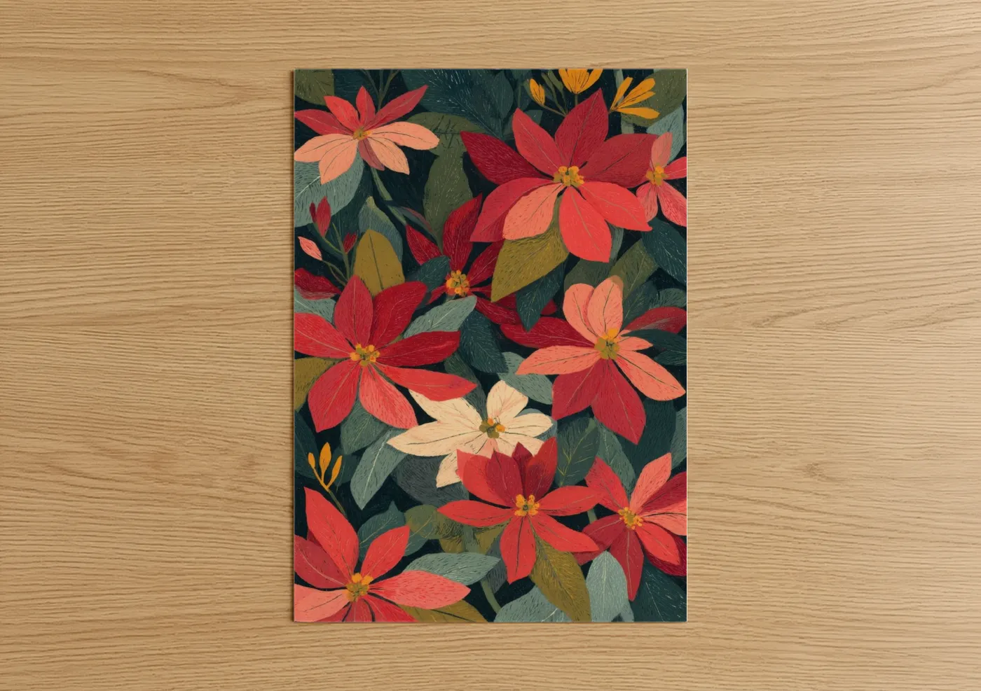 Poinsettias art print on warm oak wood — red and dark green palette — Festive Poinsettia Garden poster