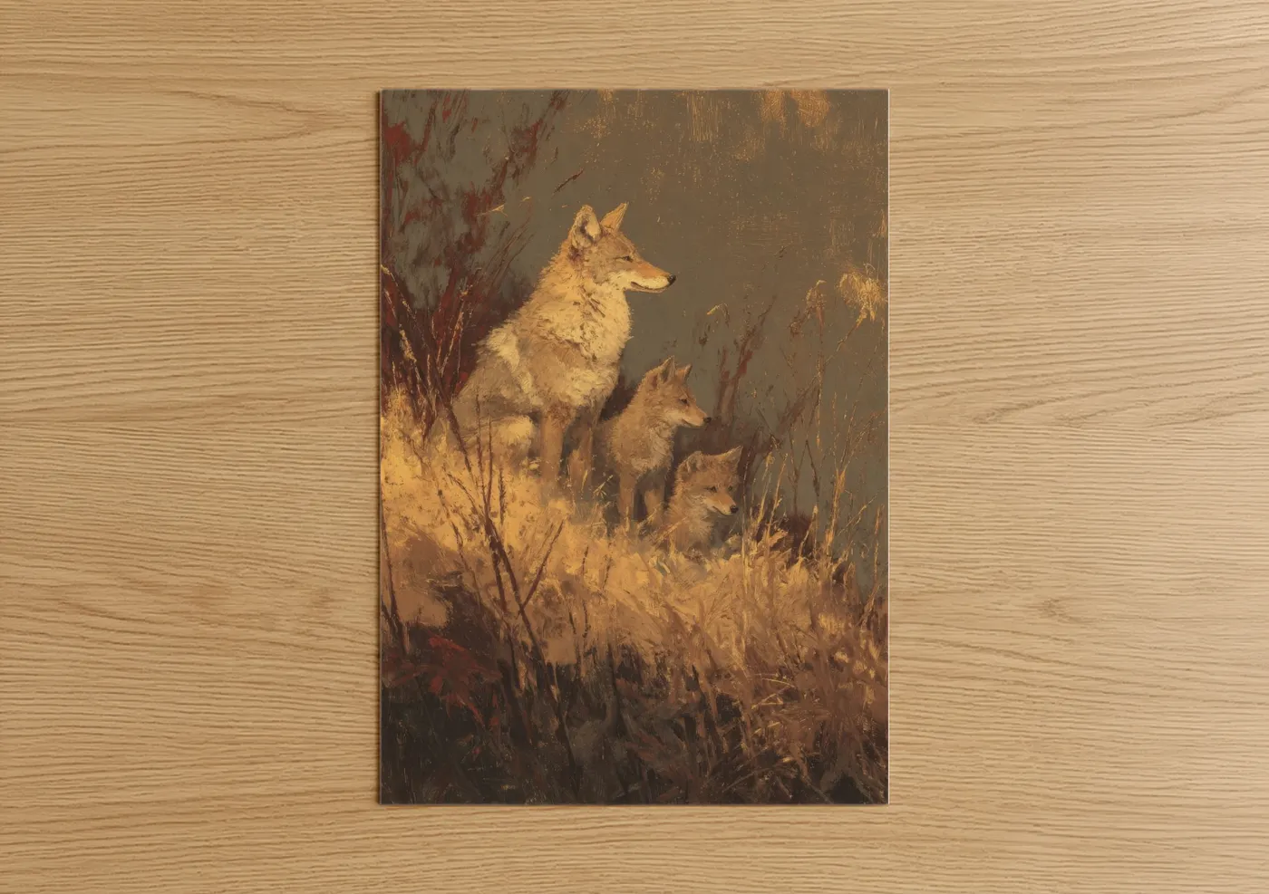 Art print on warm oak wood — gold and russet palette — Golden Coyote Pack poster