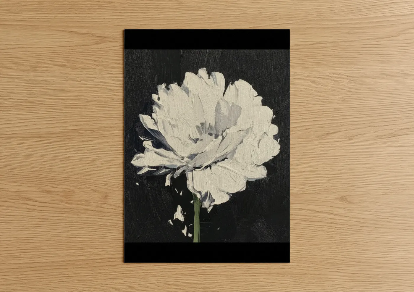 Abstract flower art print on warm oak wood — black and white and white palette — Ivory Peony Study poster
