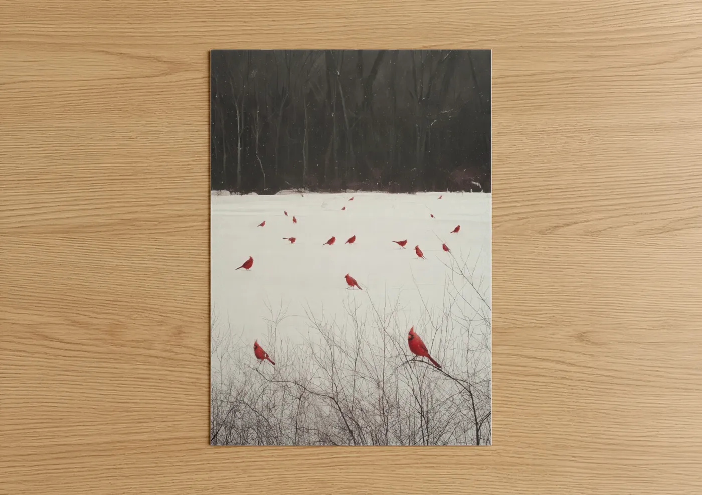 Art print on warm oak wood — white and red palette — Snowy Cardinals poster