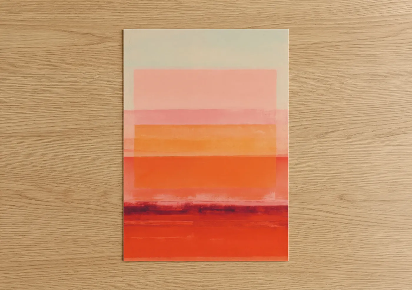 Abstract expressionism art print on warm oak wood — orange and red palette — Crimson Horizon poster