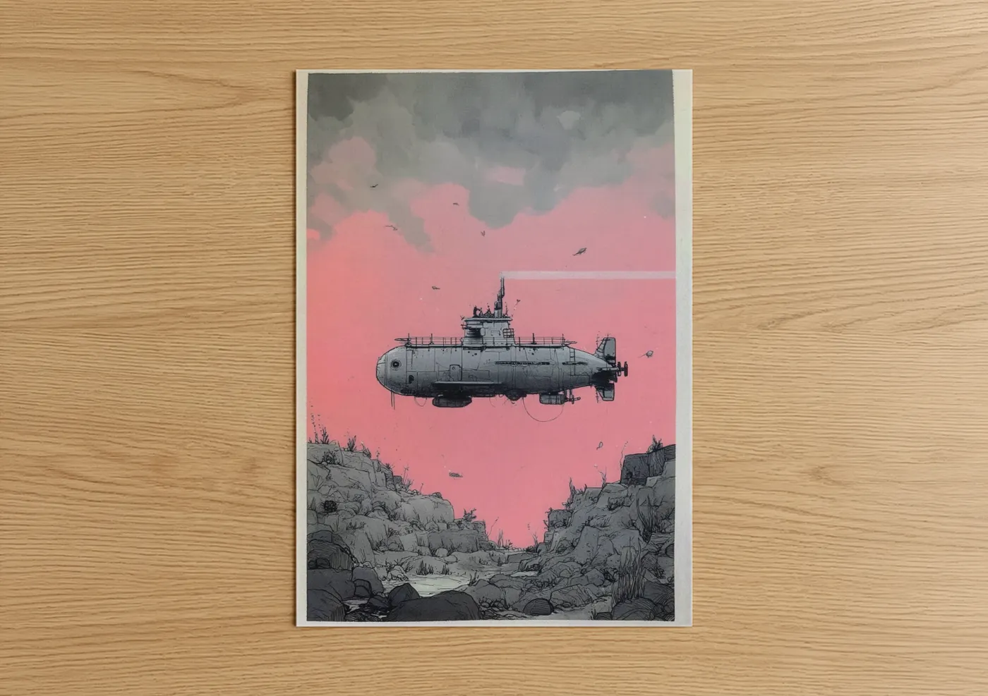 Pink Submarine Sci-Fi Illustration Wall Art