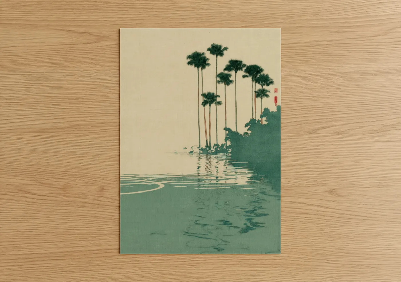 Art print on warm oak wood — sage green and cream palette — Tranquil Oasis poster