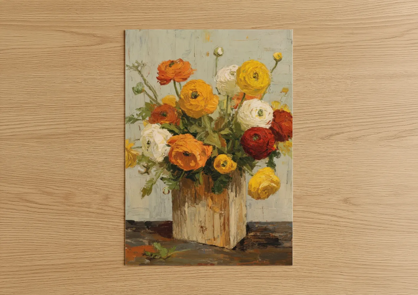 Art print on warm oak wood — gold and orange palette — Harvest Ranunculus poster