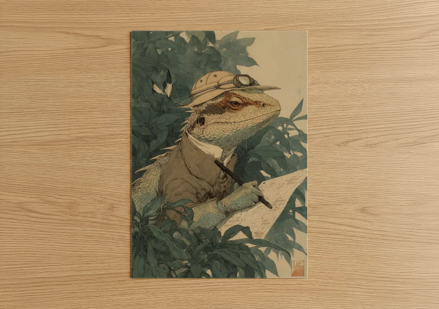 Art print on warm oak wood — sage green and beige palette — Adventurer Lizard poster