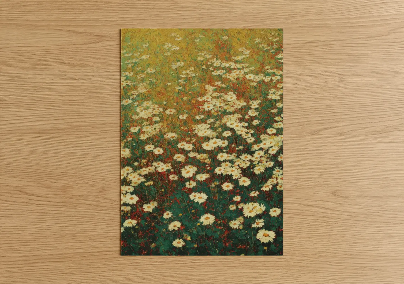 Daisy art print on warm oak wood — gold and true green palette — Wildflower Meadow poster