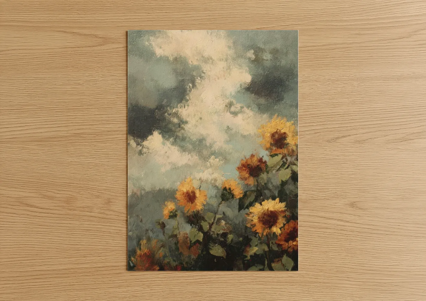 Art print on warm oak wood — gold and gray palette — Stormy Sunflower Field poster