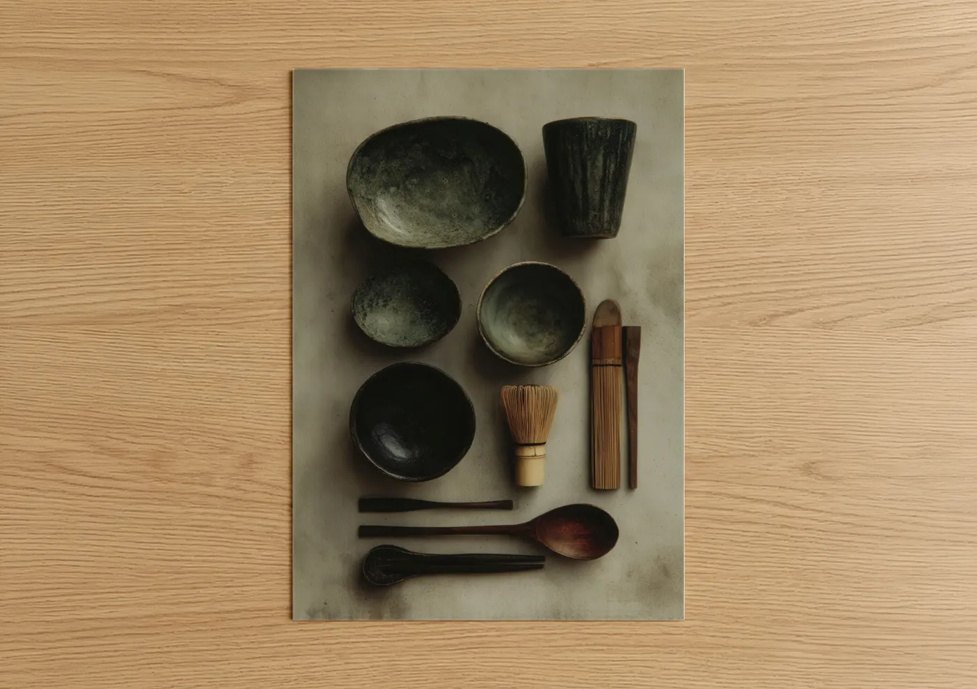 Art print on warm oak wood — black and sage green palette — Tea Ceremony Set poster