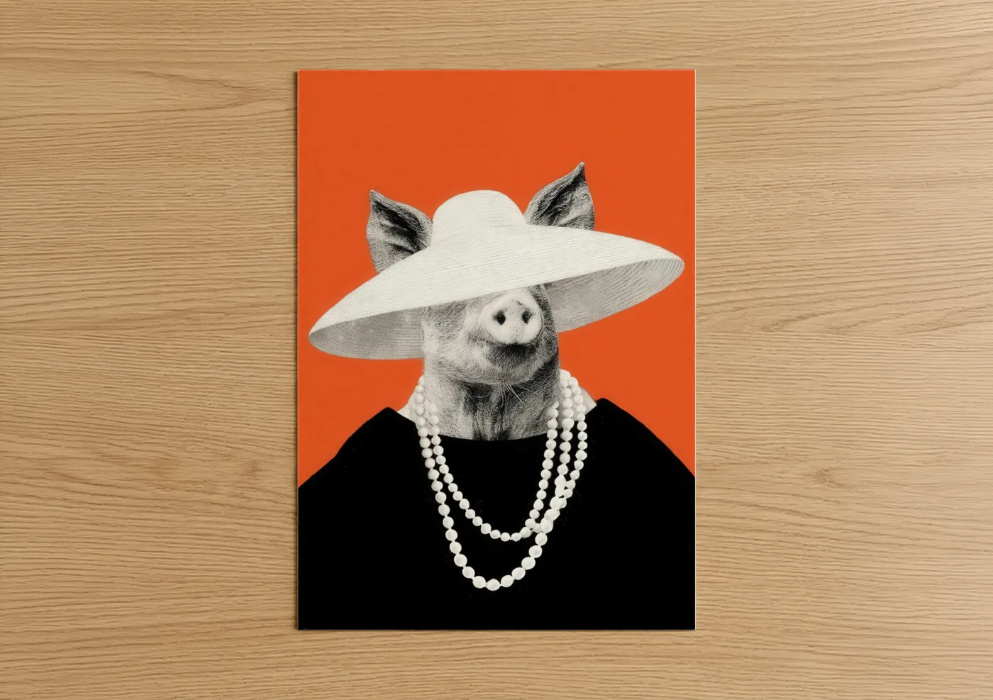 Stylish Pig Wide Brim Hat Pearl Necklace Wall Art