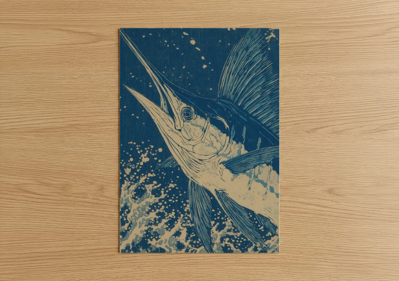 Art print on warm oak wood — blue and cream palette — Leaping Sailfish poster