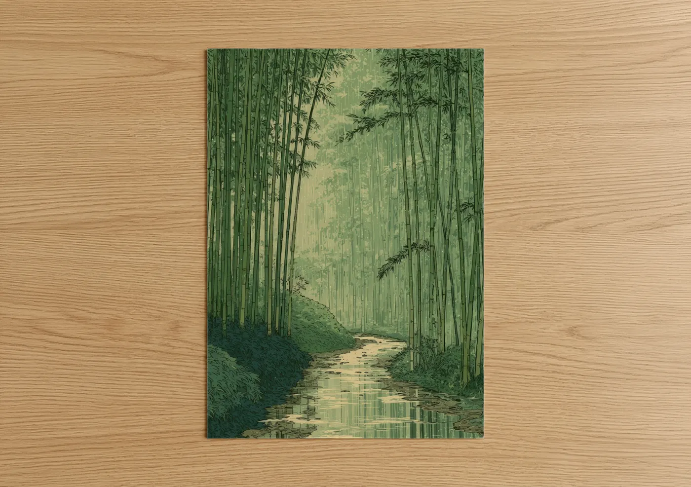 Serene Bamboo Stream Nature Illustration Wall Art