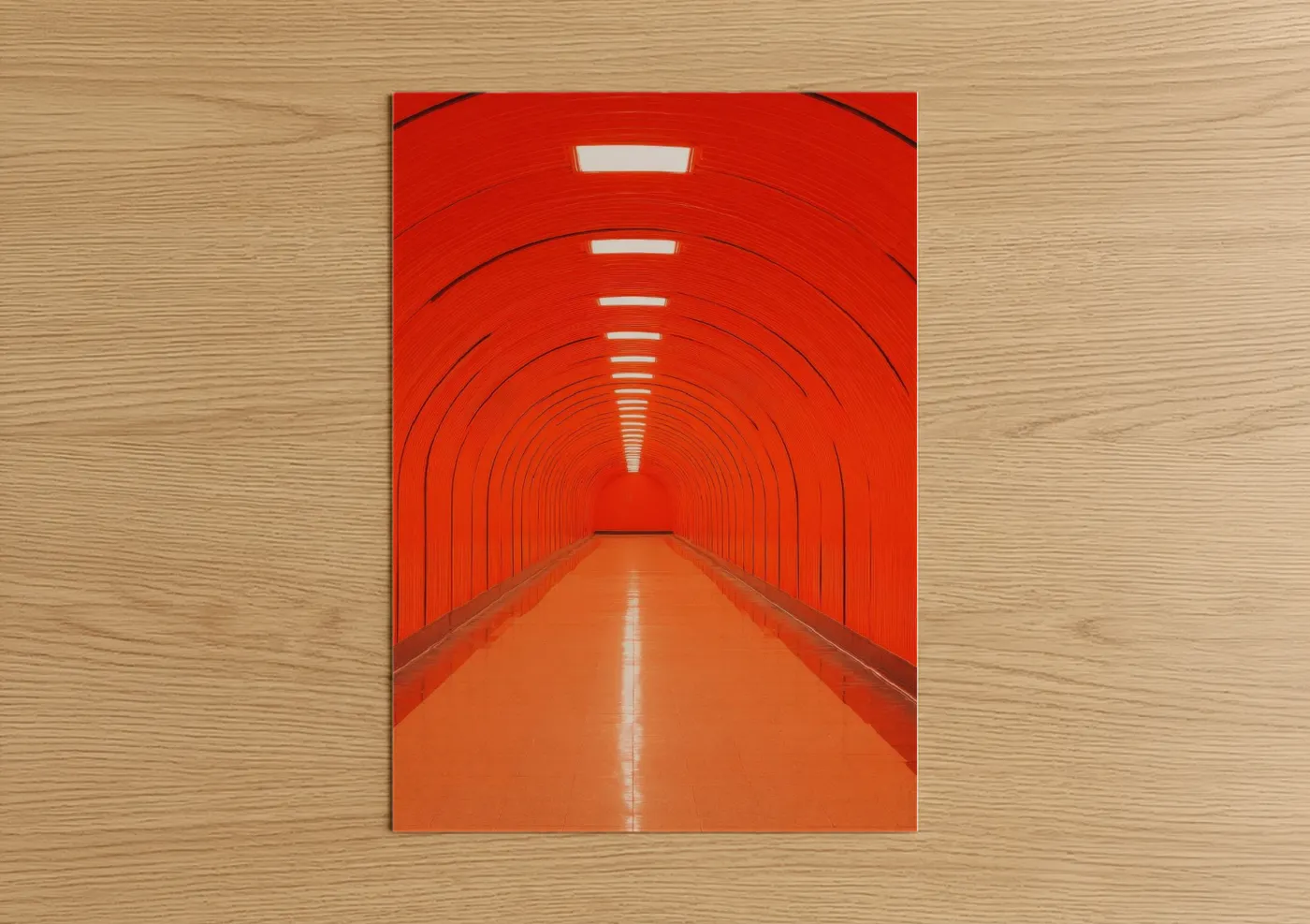 Art print on warm oak wood — red and orange palette — Red Perspective Tunnel poster