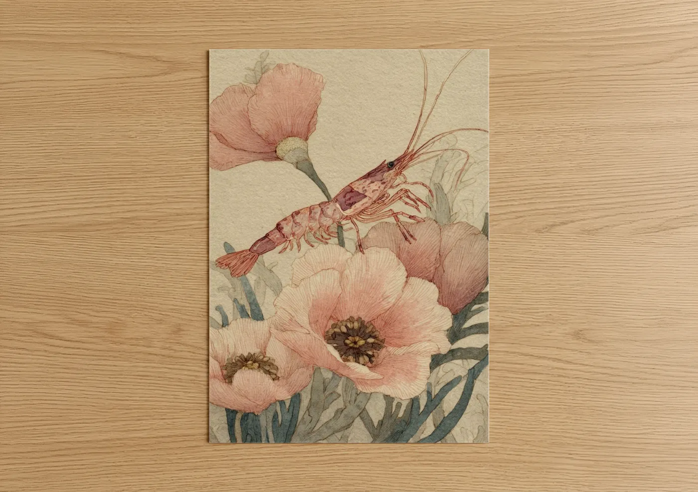 Art print on warm oak wood — salmon pink and sage green palette — Blooming Shrimp poster