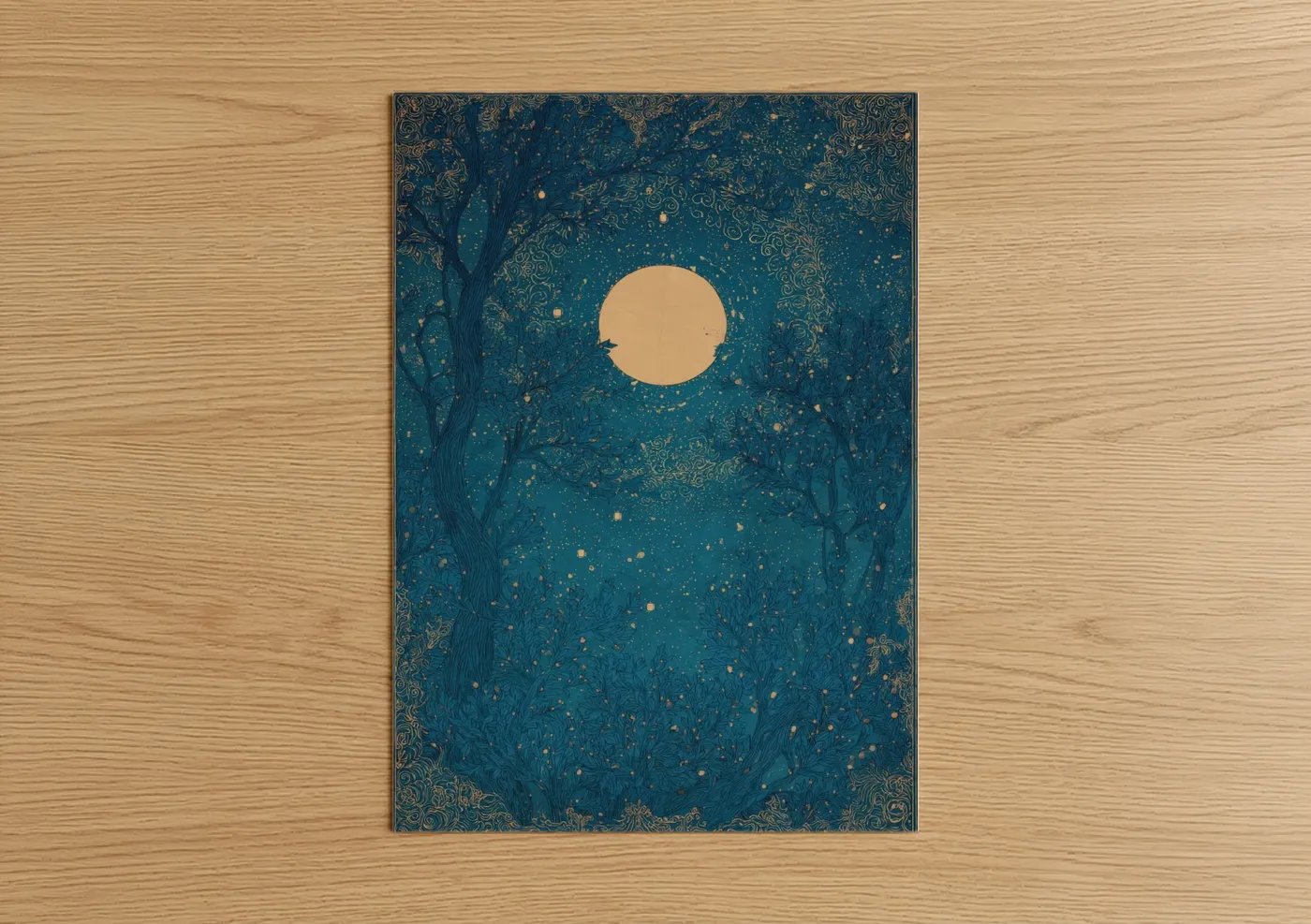 Art print on warm oak wood — dark blue and gold and white palette — Moonlit Forest poster
