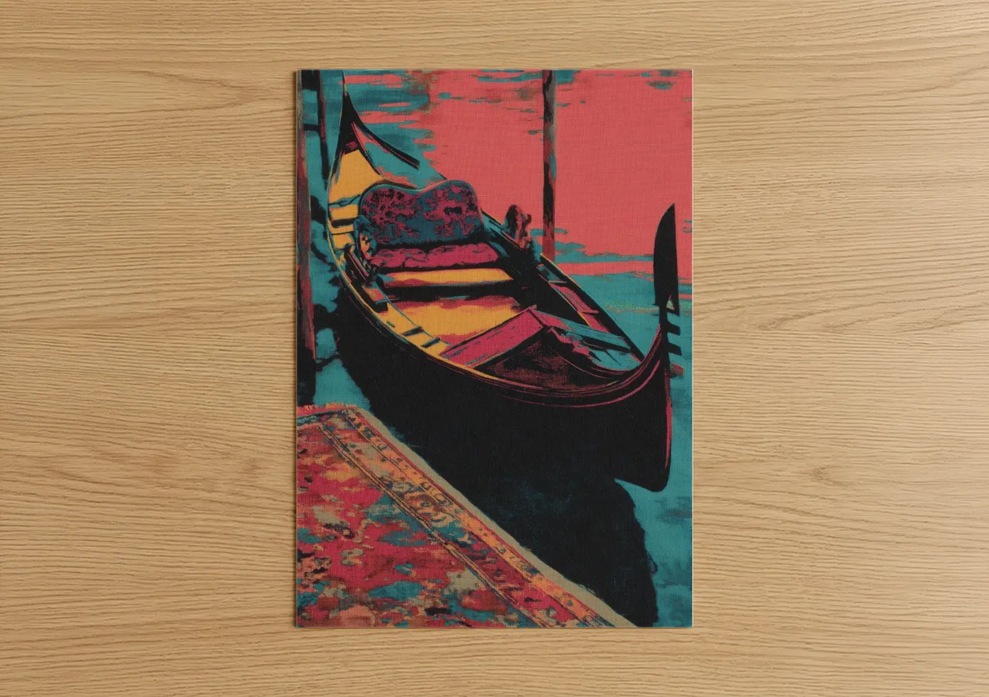 Art print on warm oak wood — red and teal palette — Crimson Gondola poster