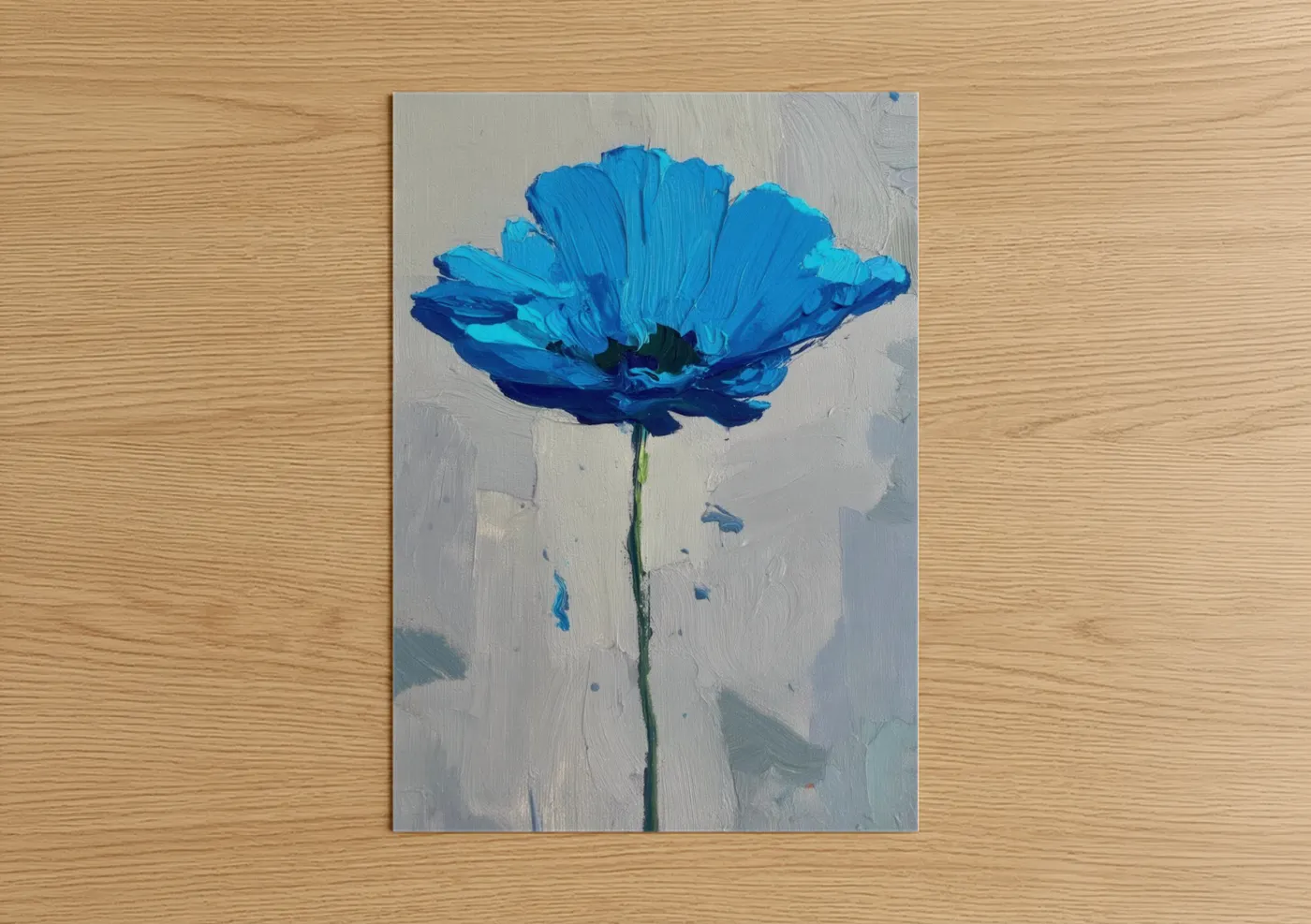 Abstract flower art print on warm oak wood — blue and white palette — Azure Bloom poster