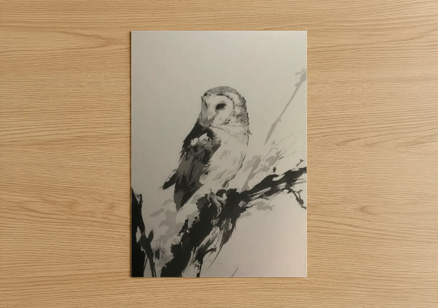 Art print on warm oak wood — black and white palette — Barn Owl Perched poster