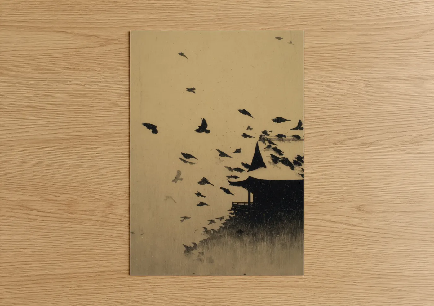Dark fantasy art print on warm oak wood — black and white and beige palette — Pagoda Birds poster