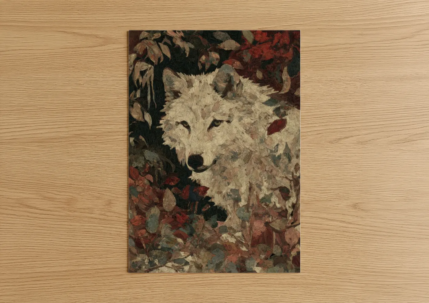 Art print on warm oak wood — maroon and cream palette — Autumn Wolf poster