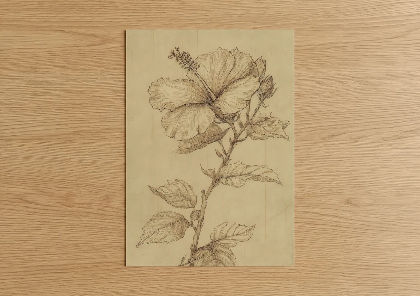 Art print on warm oak wood — cream and black palette — Botanical Hibiscus poster