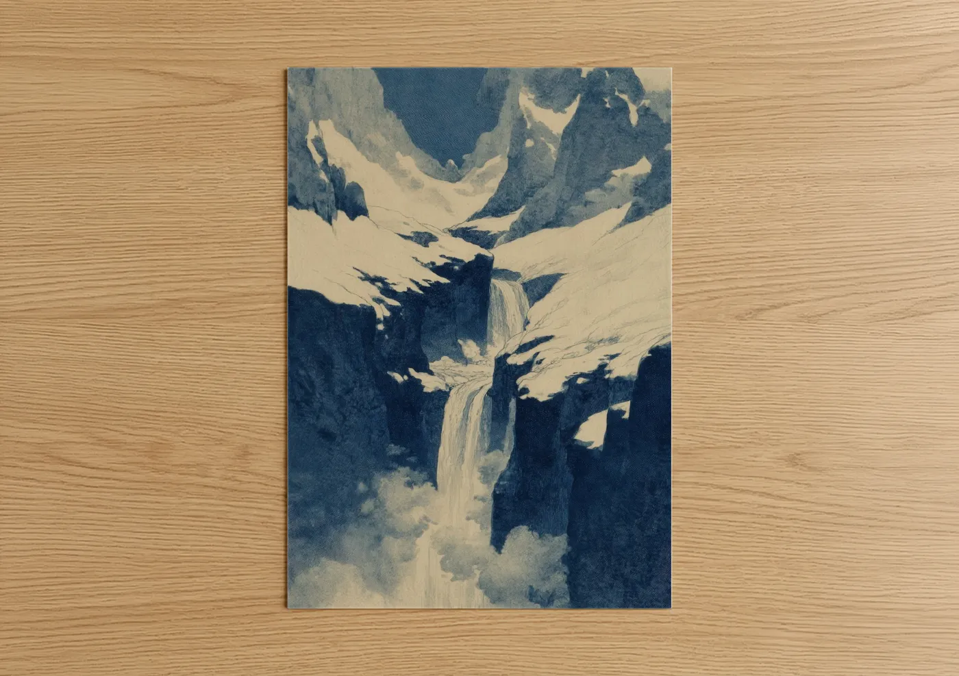 Art print on warm oak wood — blue and cream palette — Alpine Waterfall poster