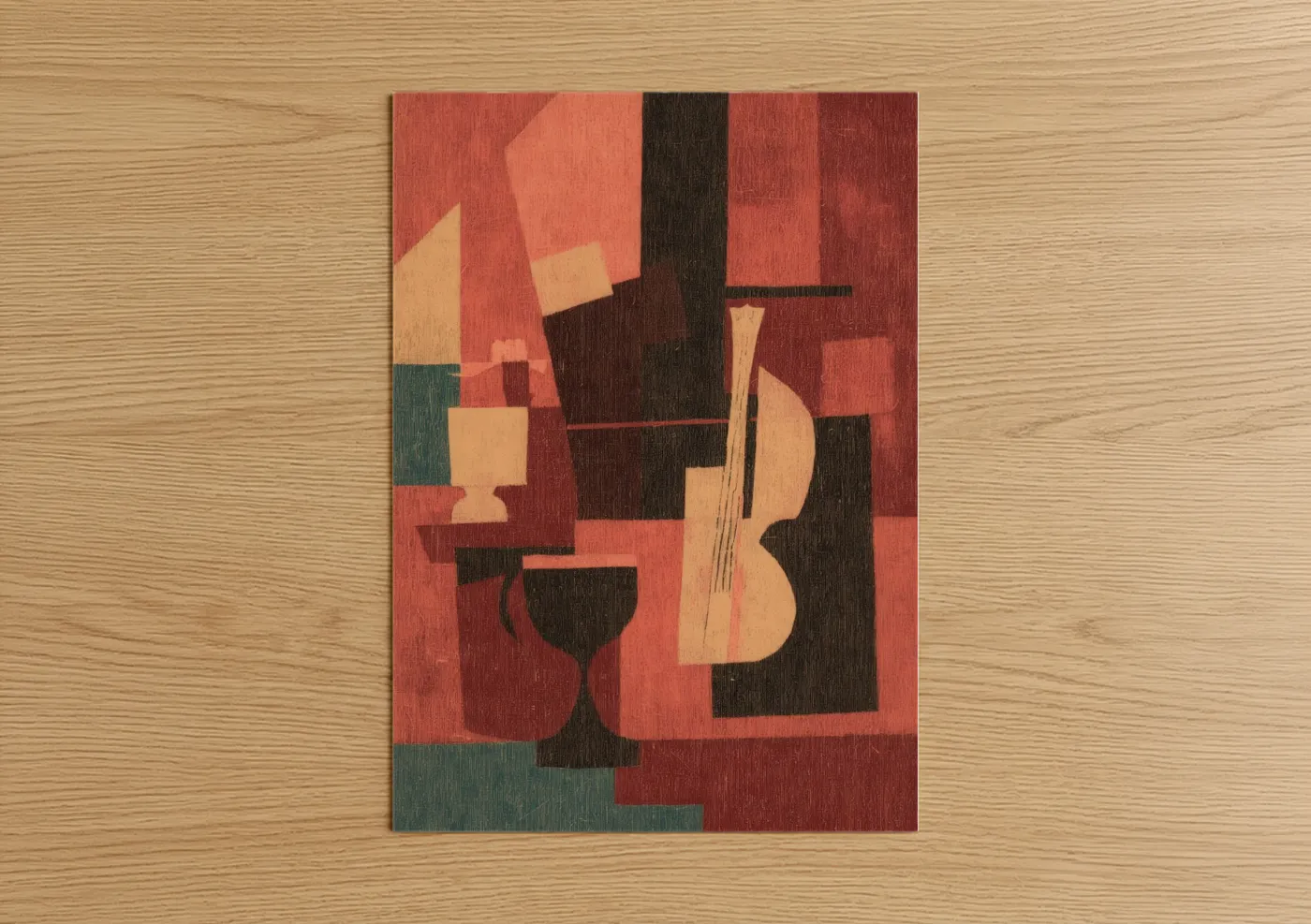 Art print on warm oak wood — russet and black and gold palette — Jazz Abstraction poster