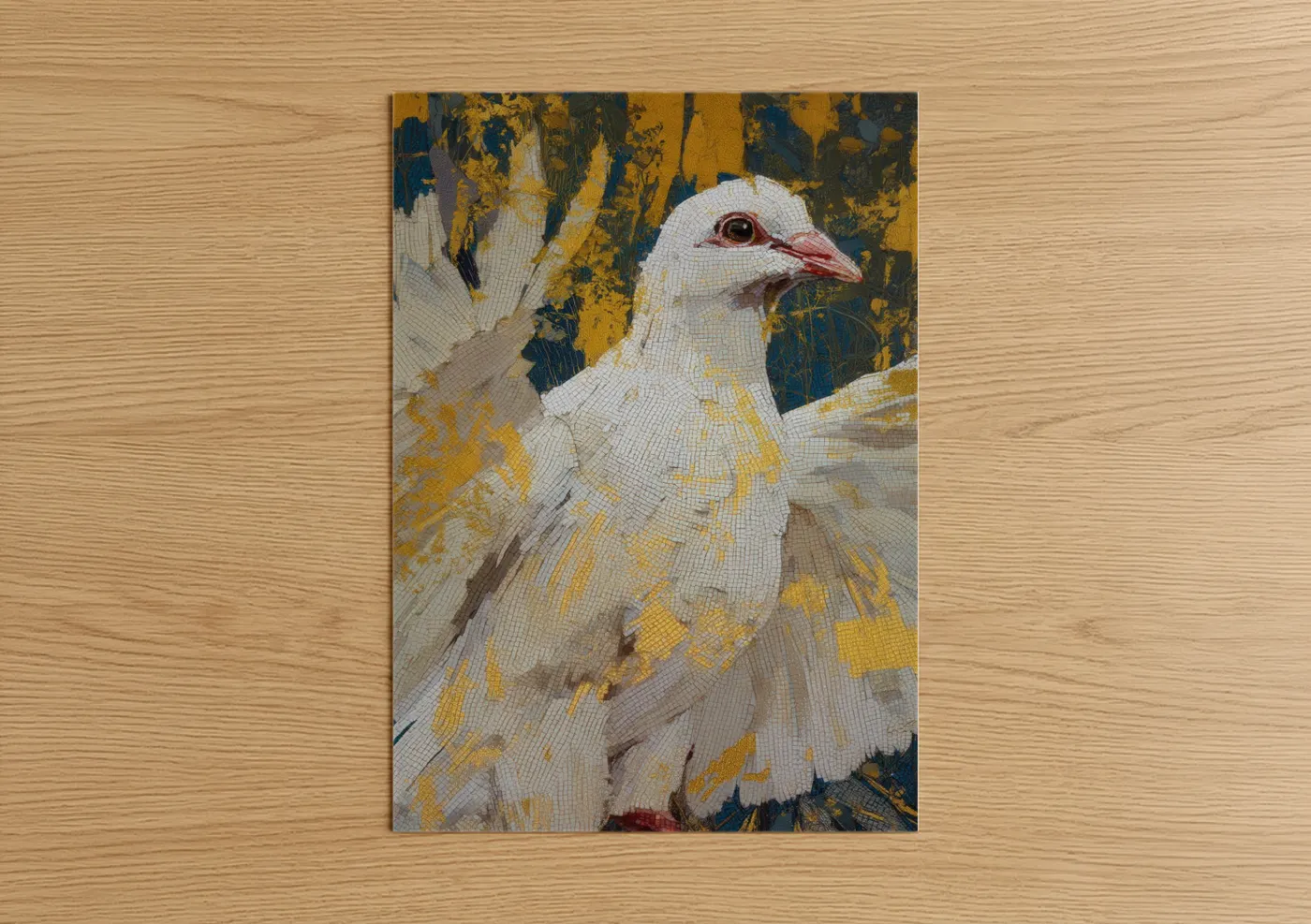 Art print on warm oak wood — white and yellow gold palette — White Dove Portrait poster