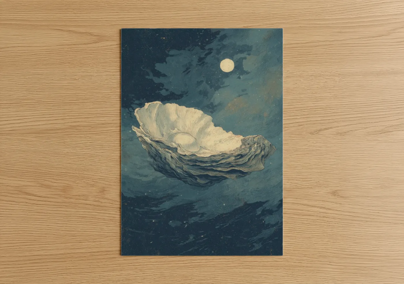 Art print on warm oak wood — dark blue and cream palette — Moonlit Oyster poster