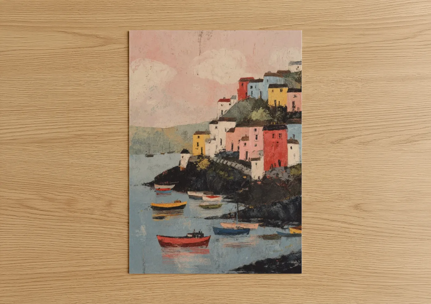 Colorful Harbor Boats Seaside Village Wall Art