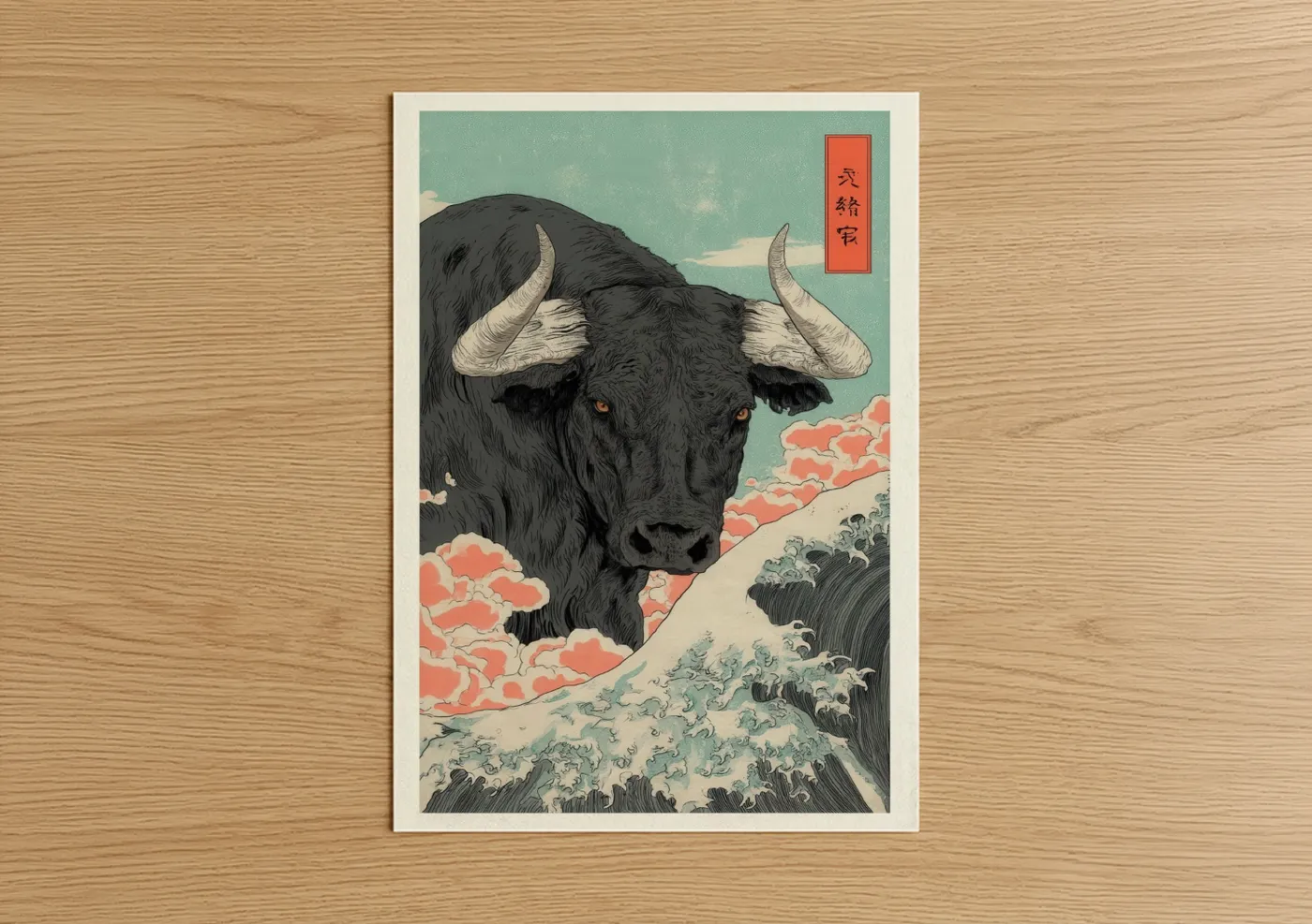 Art print on warm oak wood — teal palette — Majestic Bull Portrait poster