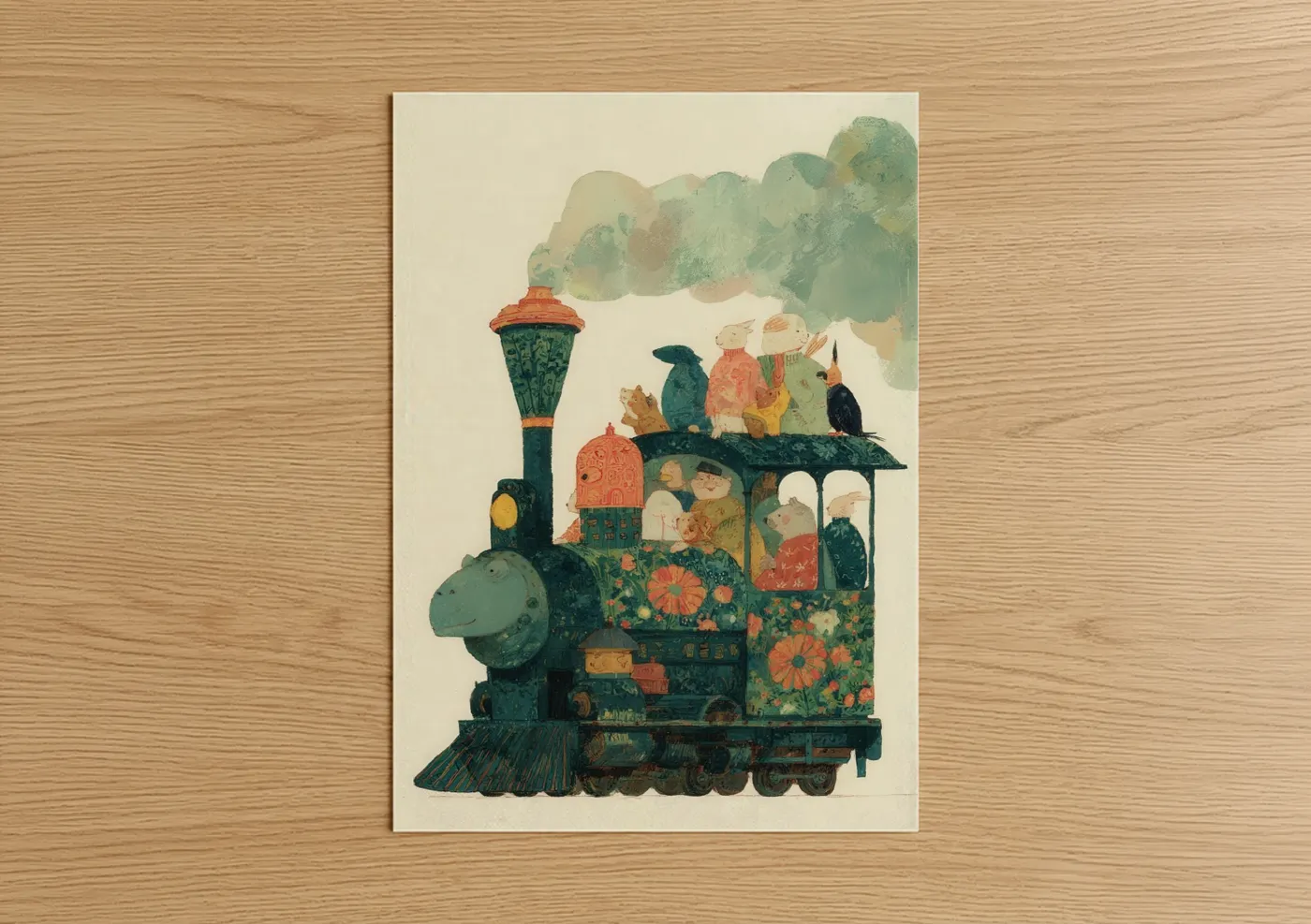 Whimsical Garden Train Vintage Illustration Wall Art