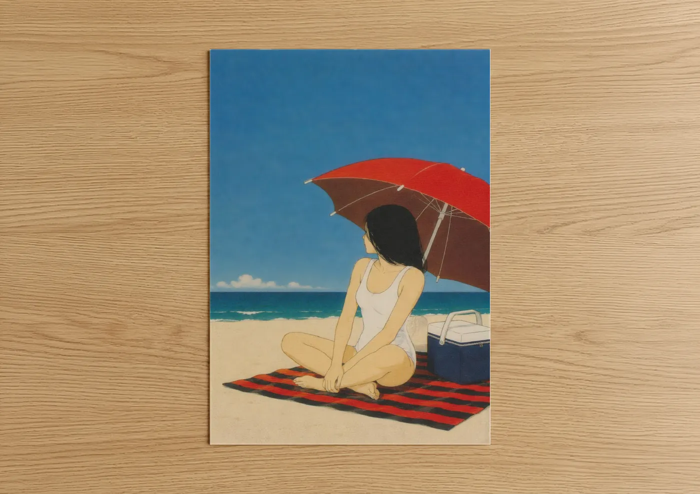 Sandy beach art print on warm oak wood — blue and red palette — Tranquil Beach Relaxation Wall Art poster