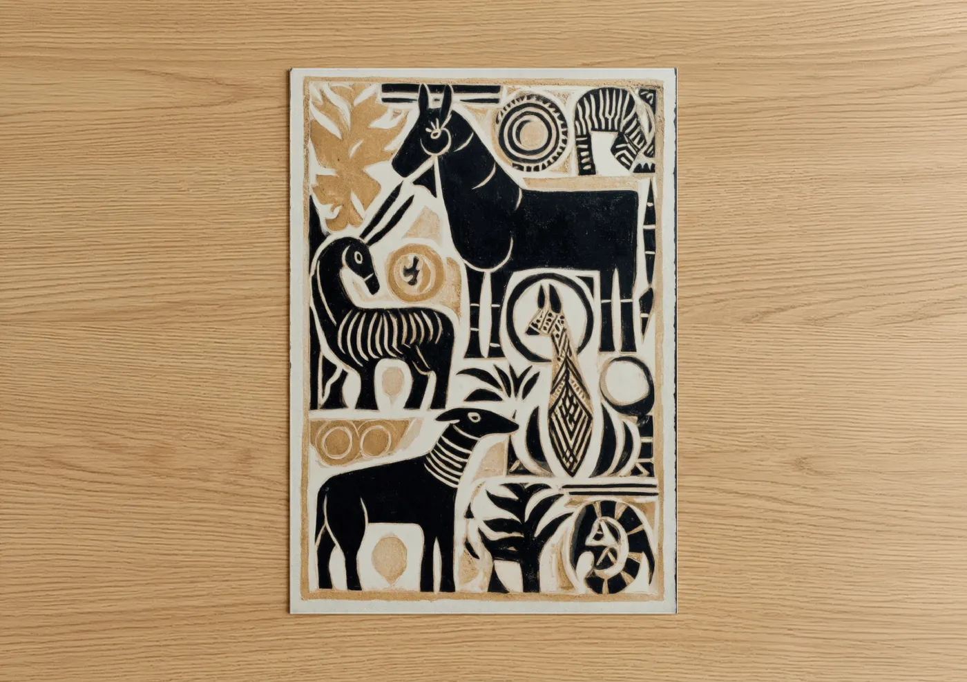 Abstract traditional art print on warm oak wood — black and white and cream palette — Geometric Farm Animals poster