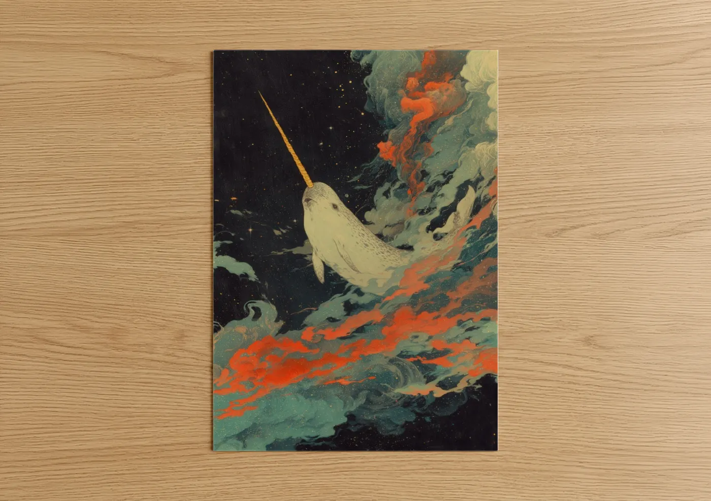 Art print on warm oak wood — teal and orange palette — Cosmic Narwhal poster