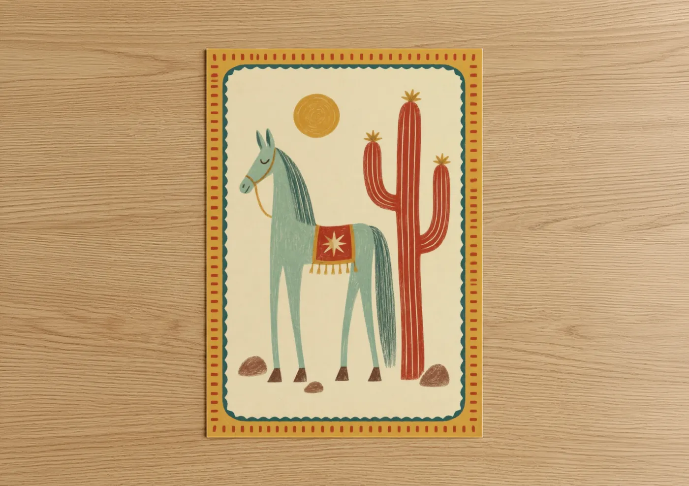Art print on warm oak wood — turquoise and cream palette — Desert Horse and Cactus Wall Art poster