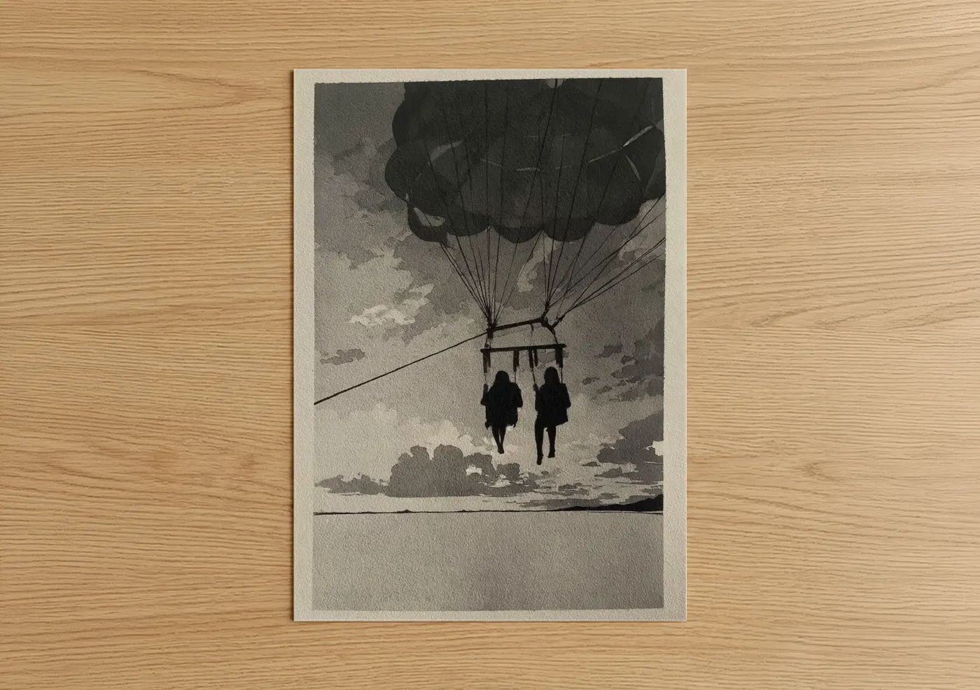 Parasailing art print on warm oak wood — black and white and gray palette — Skybound Duo poster
